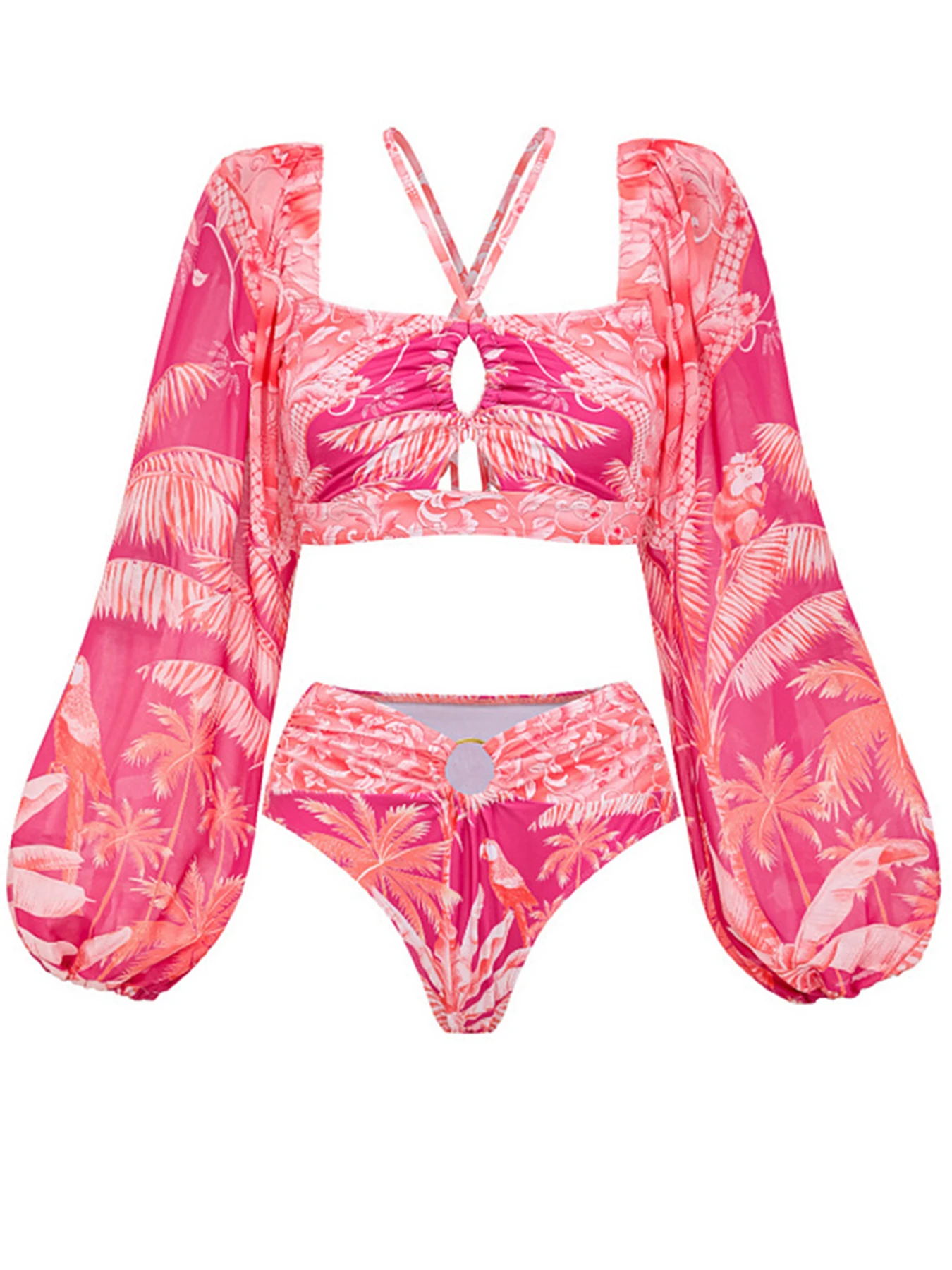 2025 Nuova stampa bikini a maniche lunghe set costume da bagno per donna costumi da bagno a vita alta femminile due pezzi costume da bagno estivo beachwear XL