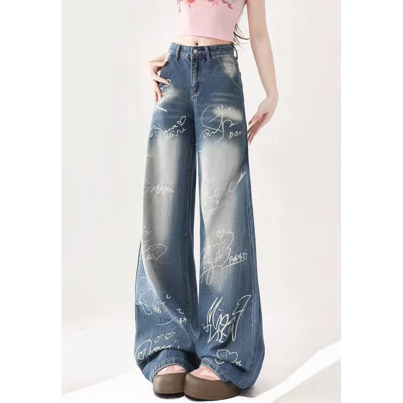 

Blue Womens Jeans Graffiti High Waist Straight Baggy Denim Pants American Korean Fashion 2024 Y2K Female Wide Leg Denim Trouser