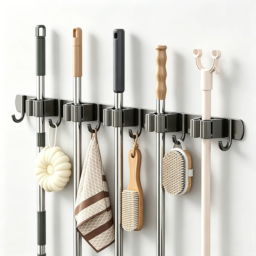 No Drilling Stainless Steel Mop Broom Clip Wall Mount Multi Purpose Bathroom Cleaning Tool Hanging Storage Holder
