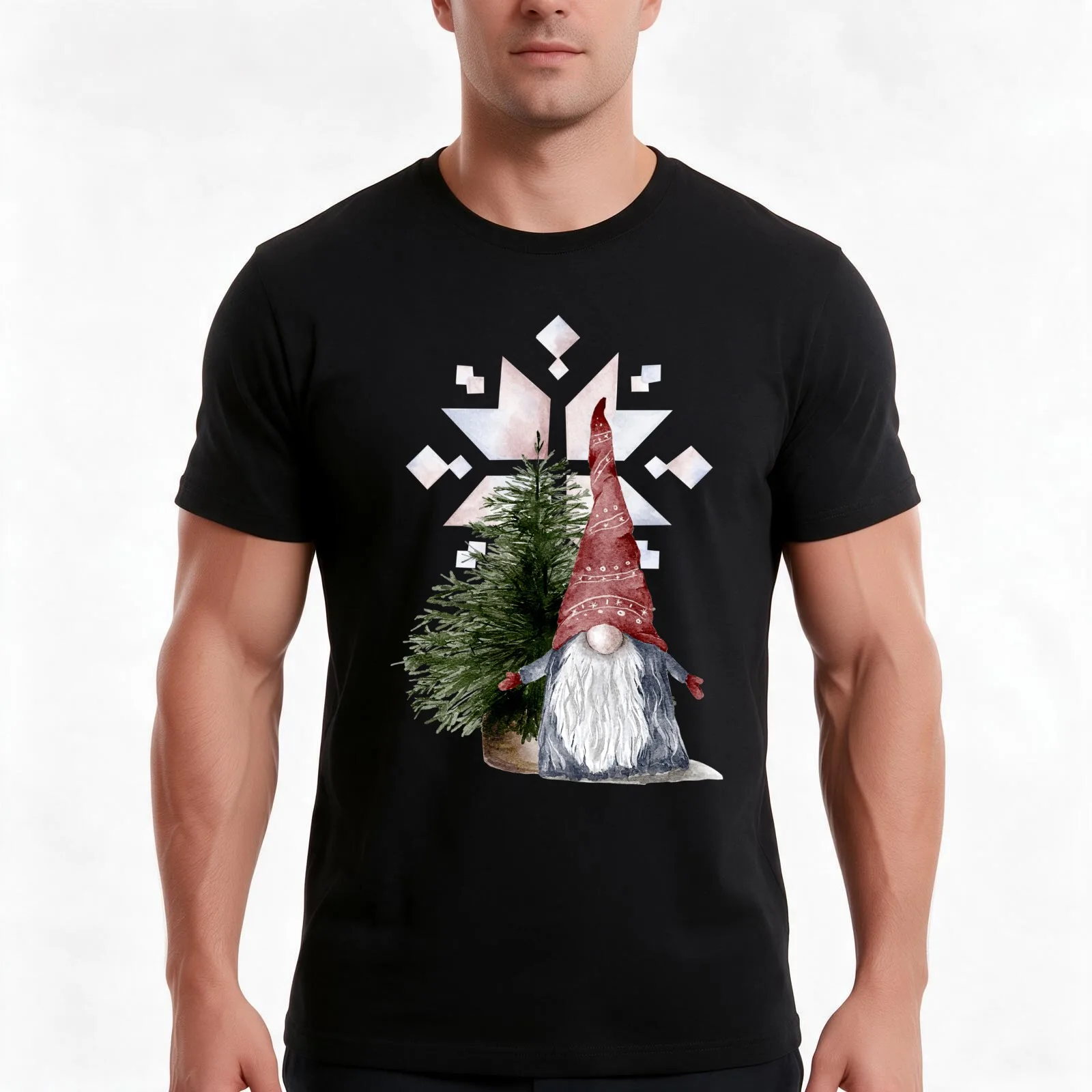 Scandi Christmas Gnome + Christmas Tree + Snowflakes Pattern T-Shirt Summer Casual Cotton Tee Oversized Streetwear Tops