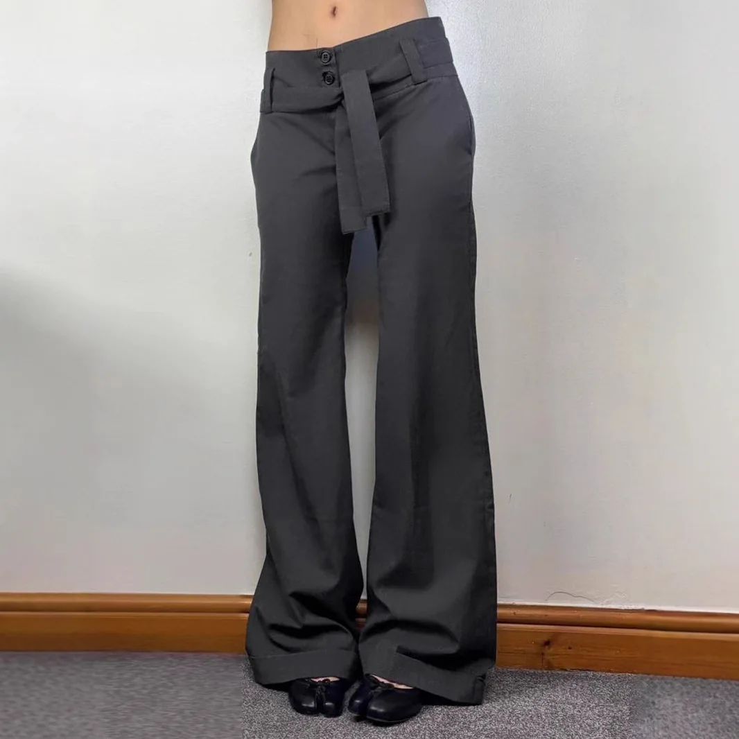Y2K Suit Pants Women Three Button Low Waist Lace Up European American Urban Slim Fit Long Straight Leg Trousers