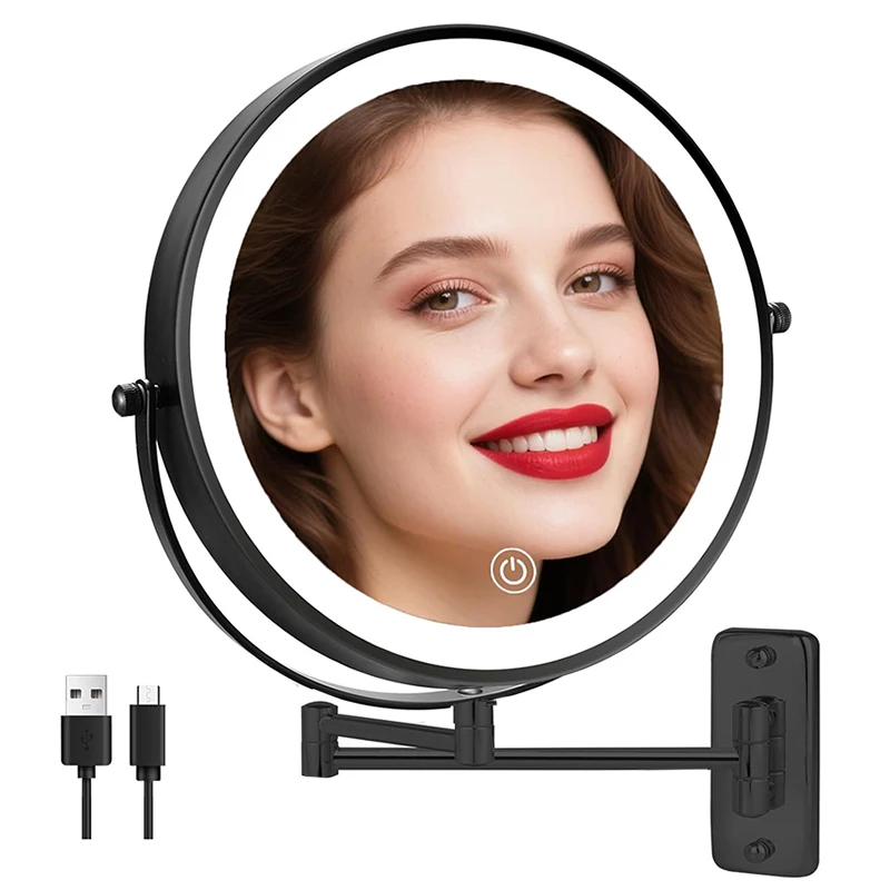 

9-дюймовое настенное зеркало для макияжа с 10-кратным увеличением, перезаряжаемое, с подсветкой, 3 цвета света, умное косметическое зеркало