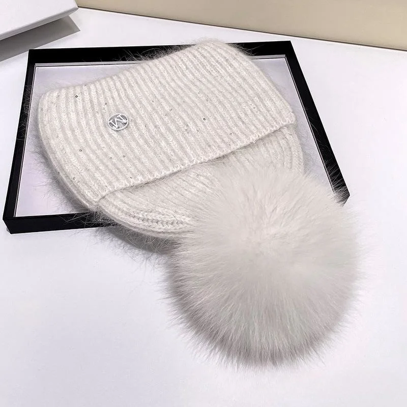 Winter Real Fur Beanies Female Warm Rabbit Fur Knitted Hats Natural Fox Fur Wool Hat Fashion Women Fur Pompom Hat