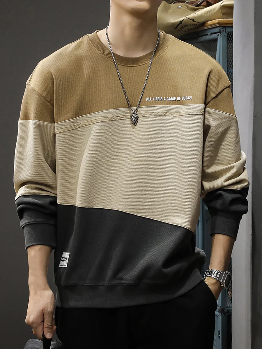 

Fashion Geometric Patchwork Sweatshirt Men Khaki O-Neck Sweatshirts Spring Autumn Mens Clothes Streetwear Standard Tracksuit