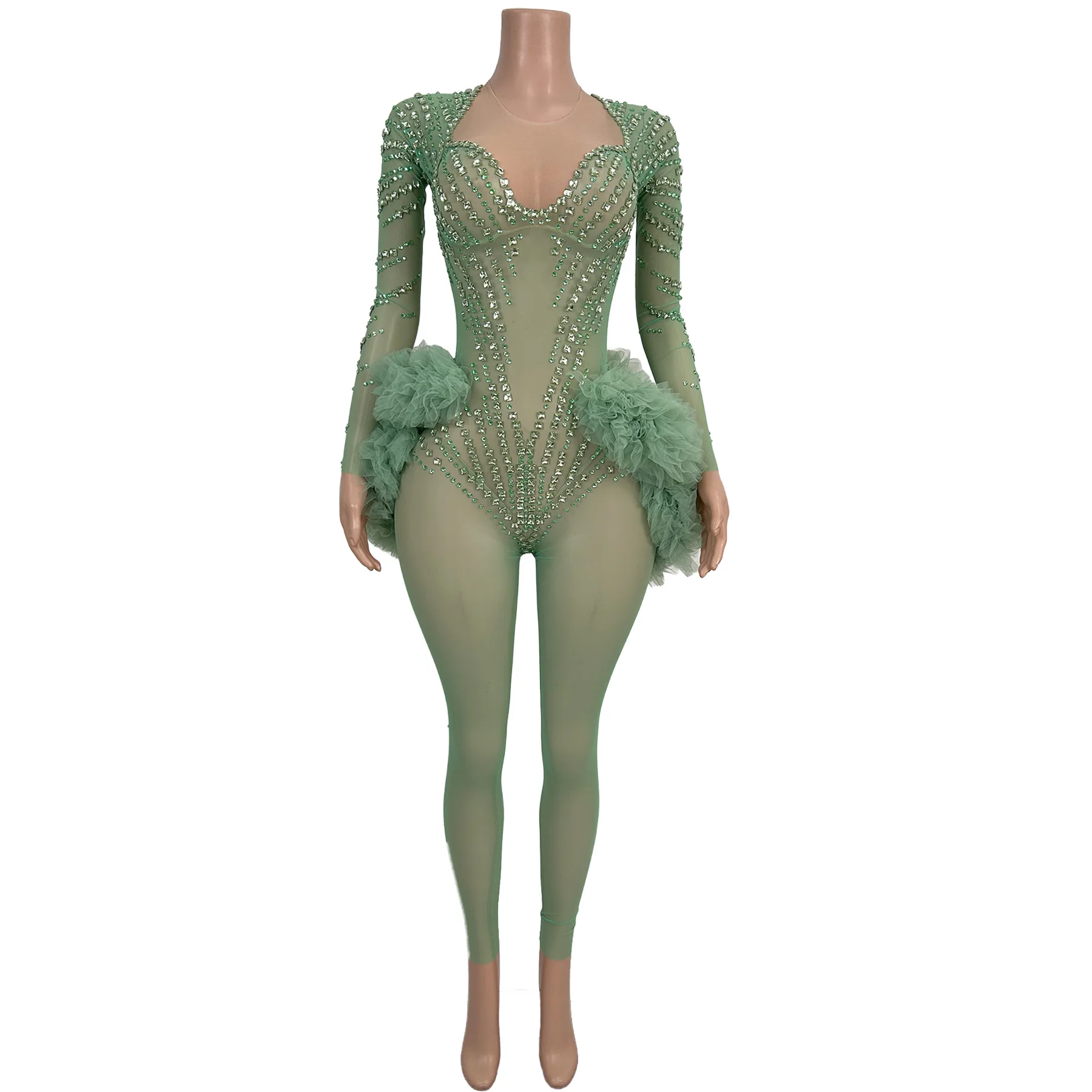 

Zhusun Womens Luxury Green Rhinestone Tulle Catsuit Sheer Mesh Long Sleeve Bodycon Jumpsuit Party Club Stage Performance Outfit