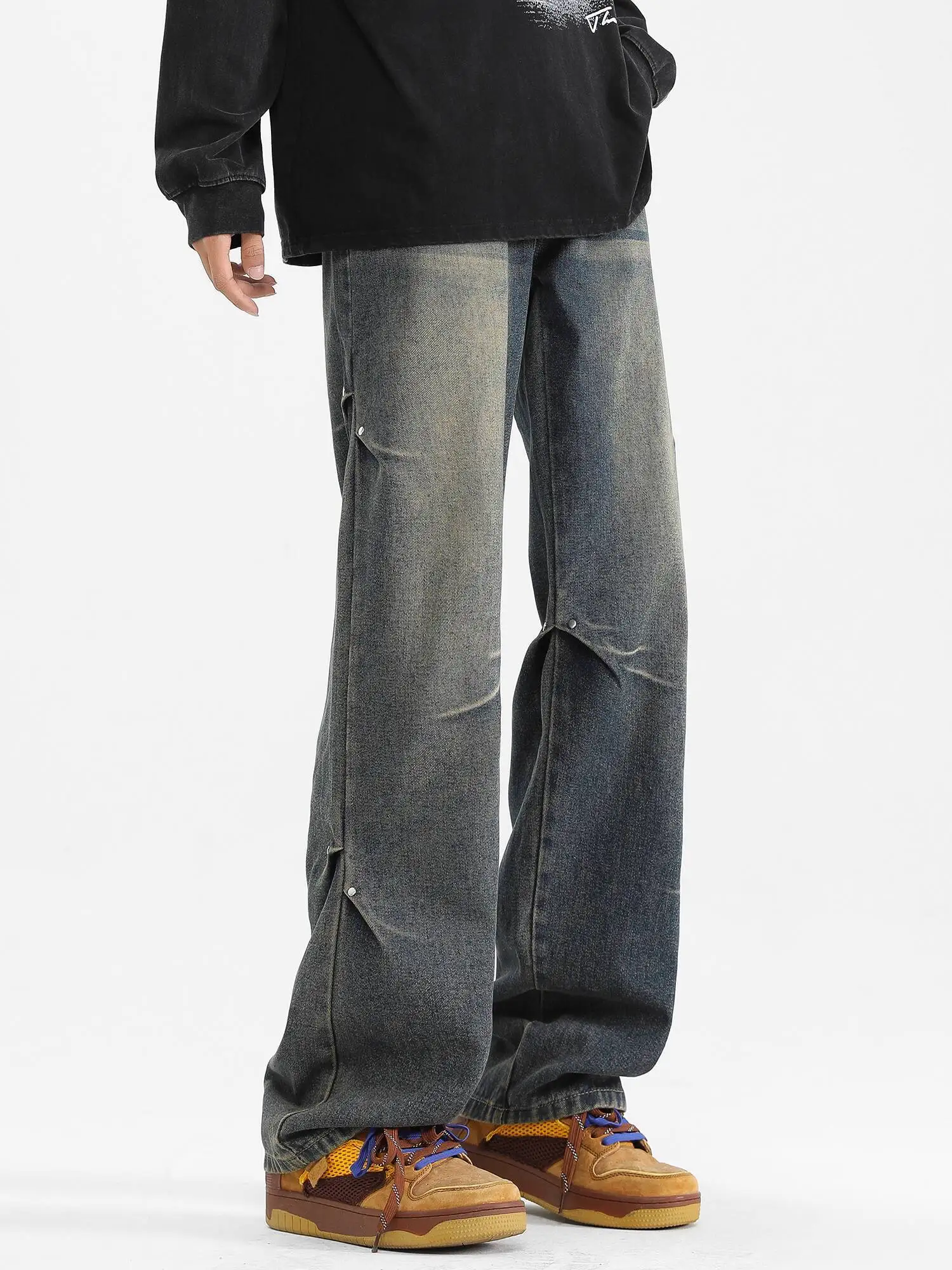 Men's Casual Jeans Spring Summer Autumn New Deconstructed Black Jeans Rivet Design Straight Leg Loose Wide Leg Pants