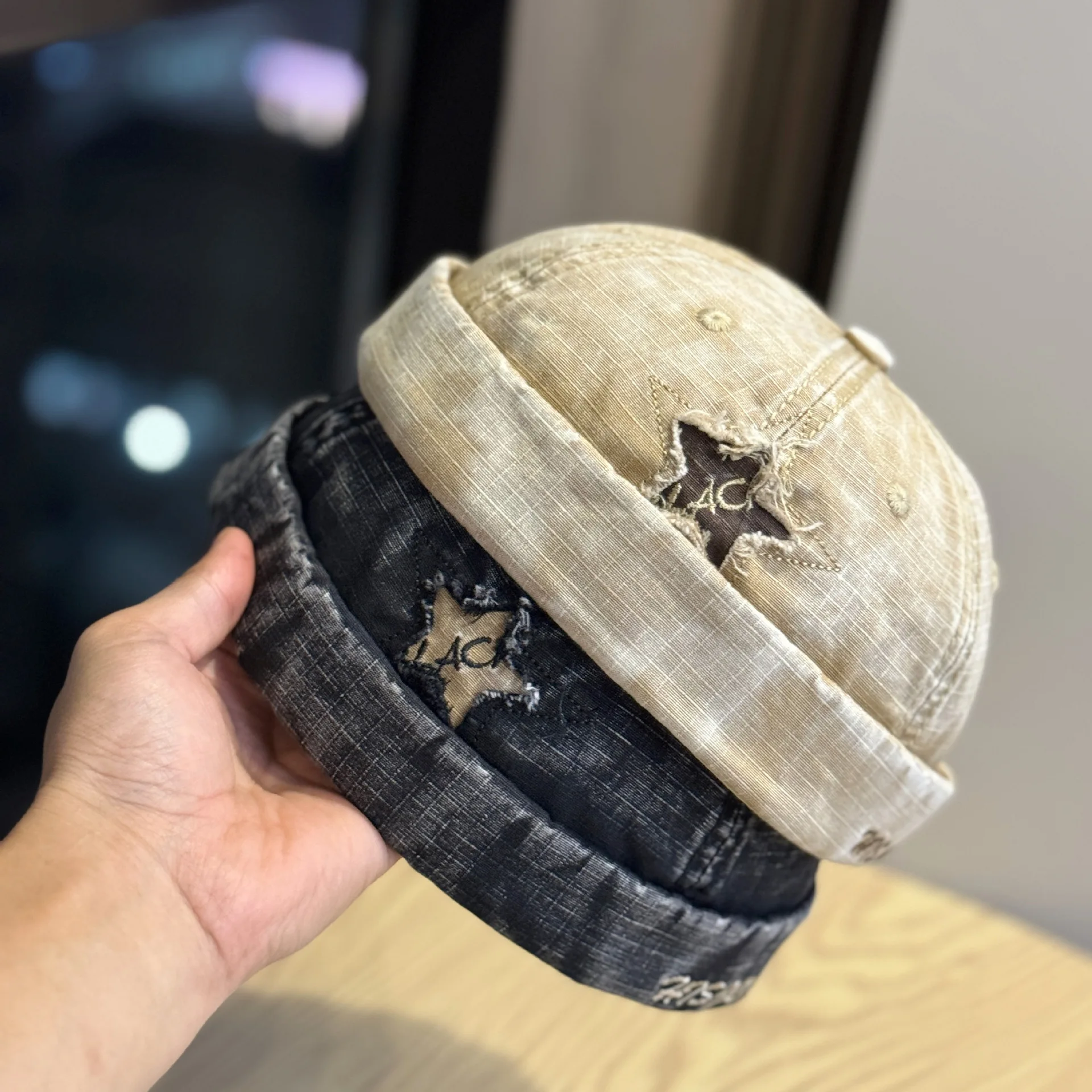 New Retro Washed Color Docker Cap Without Visor Star Splicing Brimless Caps Letter Adjustable Beanie Hat Vintage Style Hip Hop