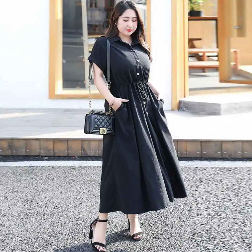 Plus Size 8XL 140KG Summer Women Long Dress Short Sleeve Black Color Peter Pan Collar Dress Ladies Casual Large Party Dresses