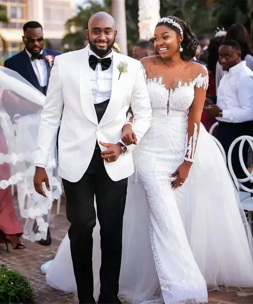 

Customized Long Sleeves Mermaid Lace Wedding Dress Overskirt Elegant Beading Applique African Bridal Gown Illusion Robe De