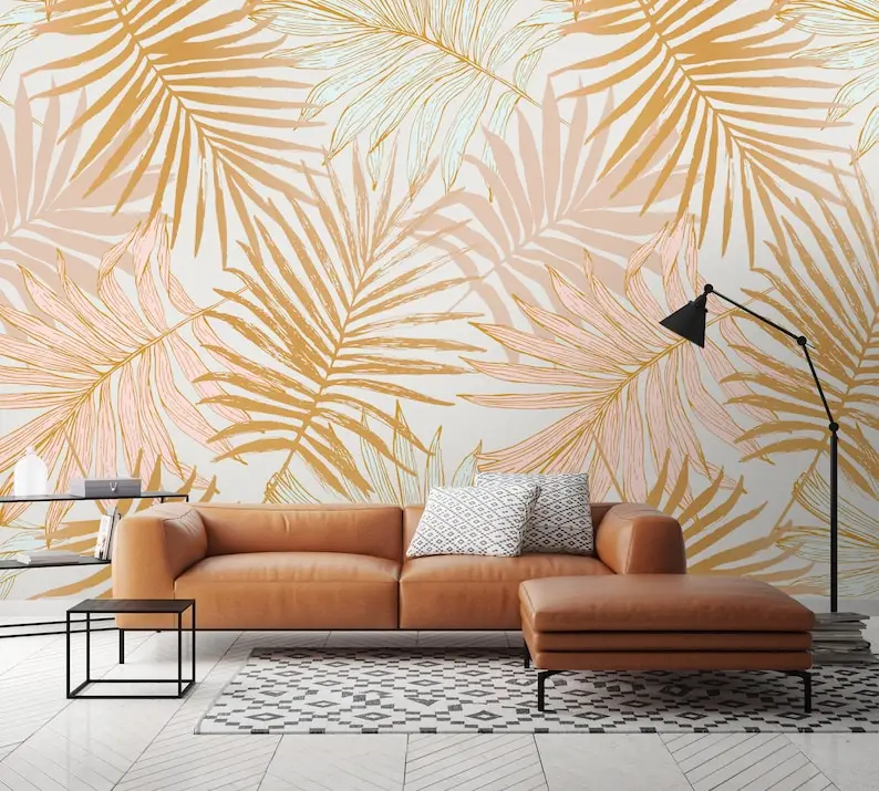 Tropical Leaf Wallpaper Peel and Stick Pastel Color Palm Leaf Wall Mural Luxury Exotic Leaf Wallpaper