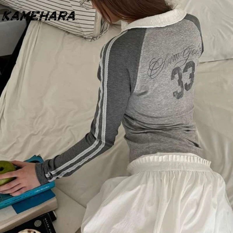KAMEHARA تي شيرت رياضي عتيق للسيدات Y2k أنيق رمادي كوكيت علوي نمط Preppy Blokecore ريترو كم طويل تي شيرت جمالي