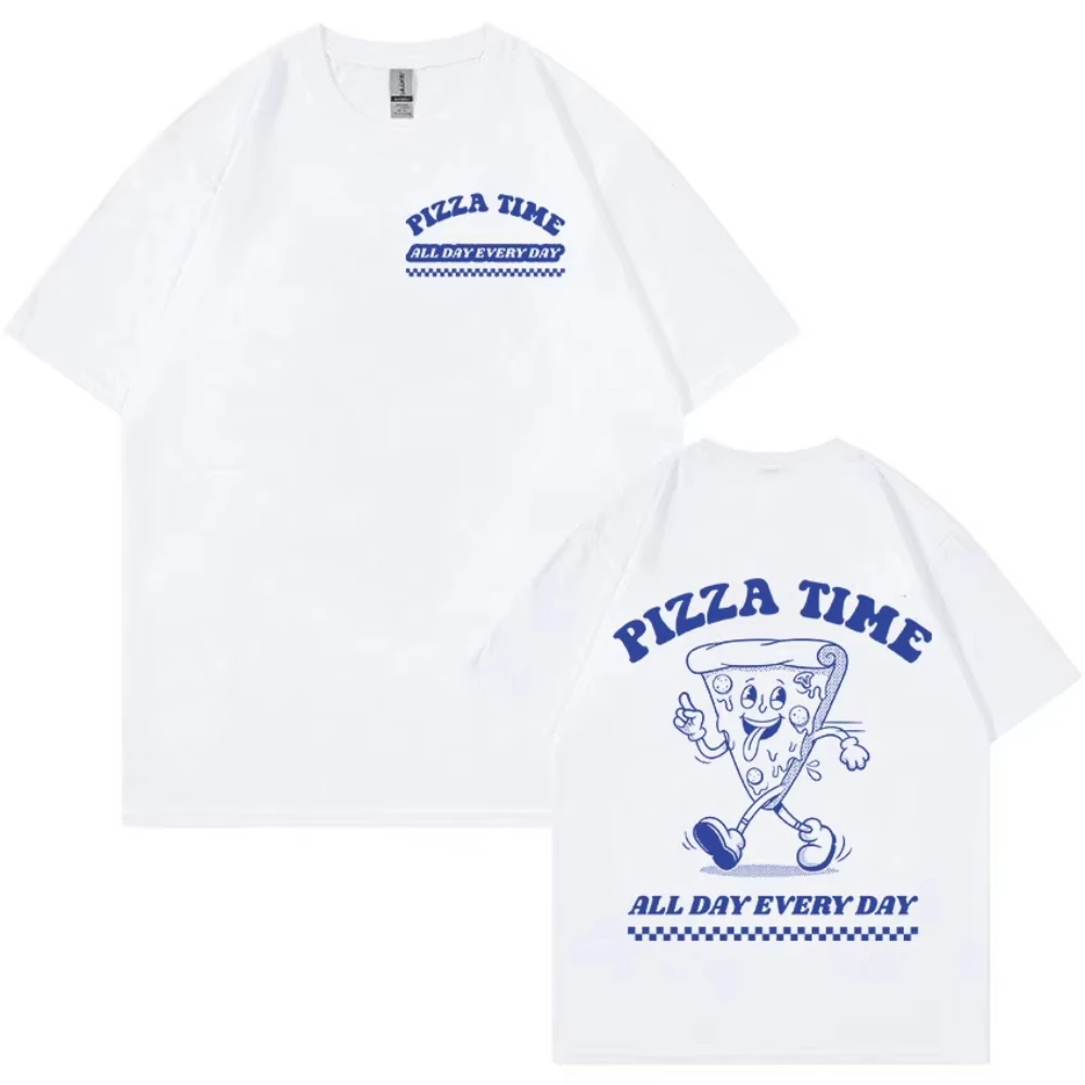 مضحك البيتزا الوقت طوال اليوم كل يوم الكرتون الرجعية تي شيرت الرجال النساء لطيف الجمالية موضة تي شيرت عادية المتضخم القطن تيز