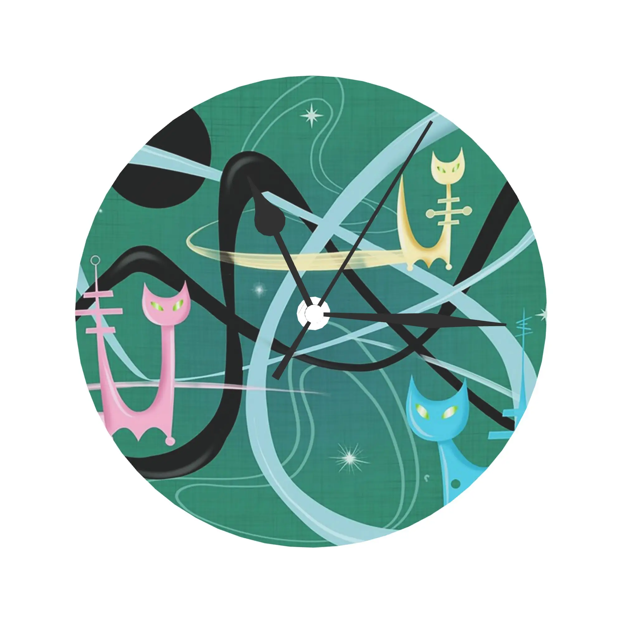 Atomic Rocket Cats In Space Wall Clock Room Decoration Silent Round Clock for Bedroom Living Kitchen Home