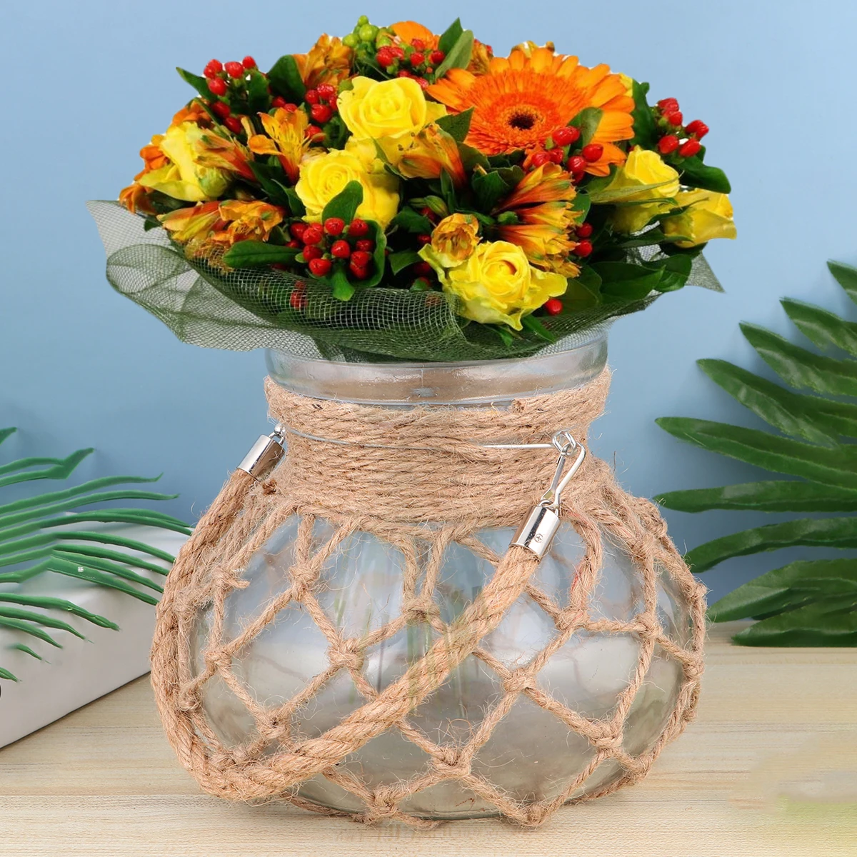 

Vintage Vase Hydroponics Planter Container Flower Pot Hemp Rope Glass Flowerpot