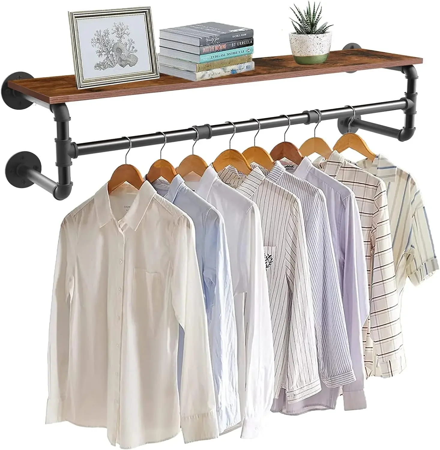 Wall Mounted Industrial Pipe Clothes Hanging Rack with Wood Shelf for Bedroom Living Room Rustic Storage Organizer Rack