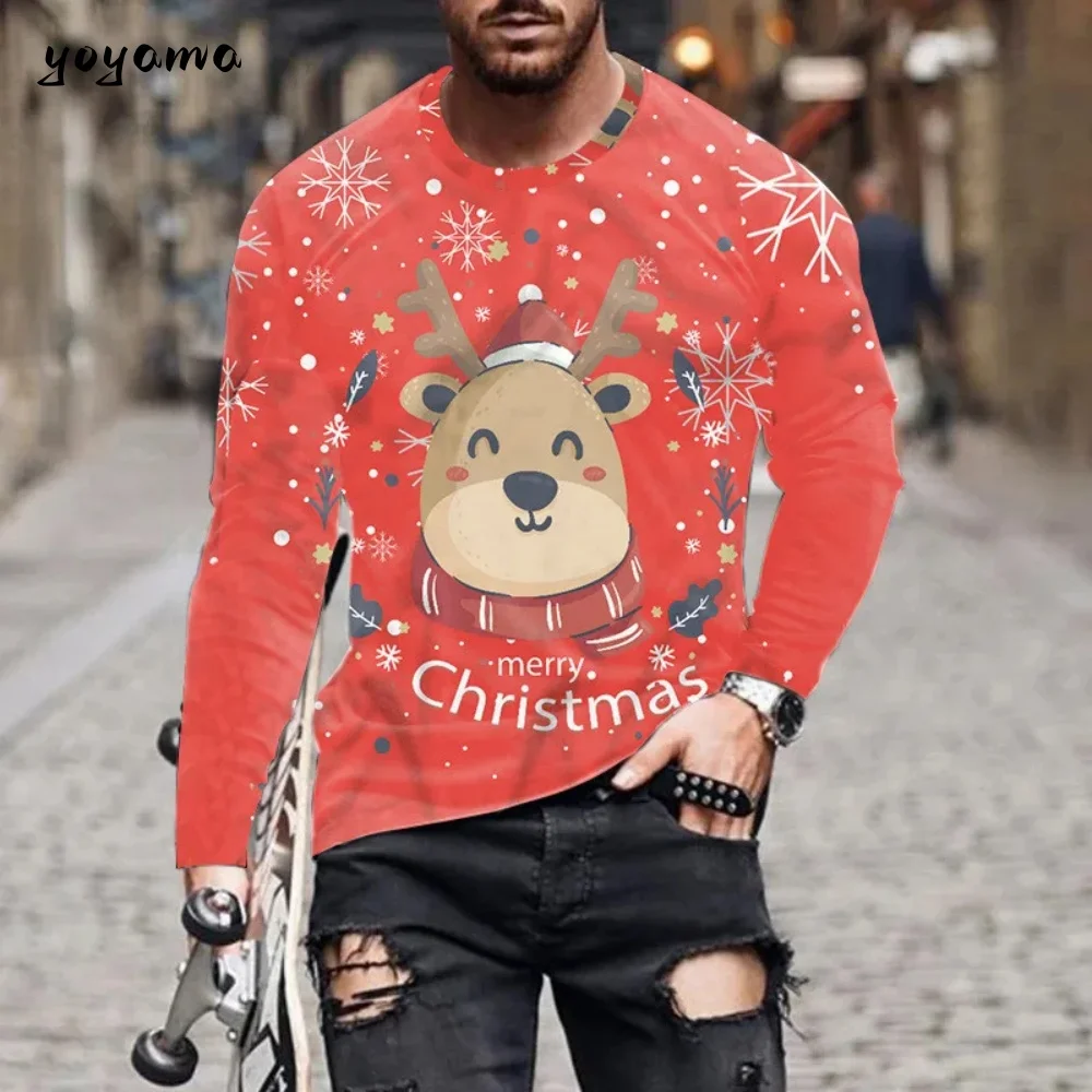 

Autumn Winter Christmas Style Men's Long Sleeve T-Shirts Snowflake And Deer 3D Print Male Red Tees Festival Casual Big Size Tops