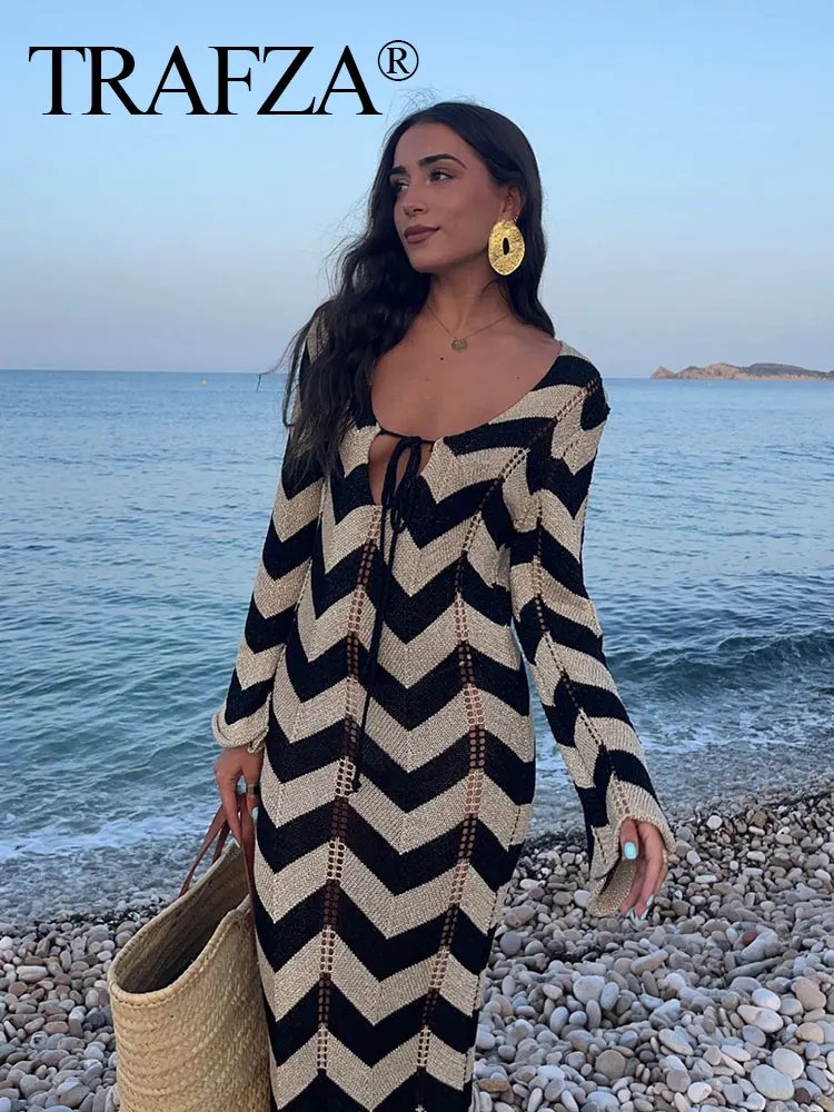 

TRAFZA Female Beach Style Dress Black Wavy Stripe O-Neck Long Sleeves Hollow Out Lace-Up Decorate Summer Dress Woman 2024 Trendy