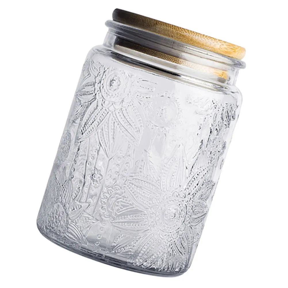 

1Pcs Glass Sealed Jar Bamboo Cover Sunflower Design Food Storage Jar Coffee Tea Canister Snacks Dried Fruit Container