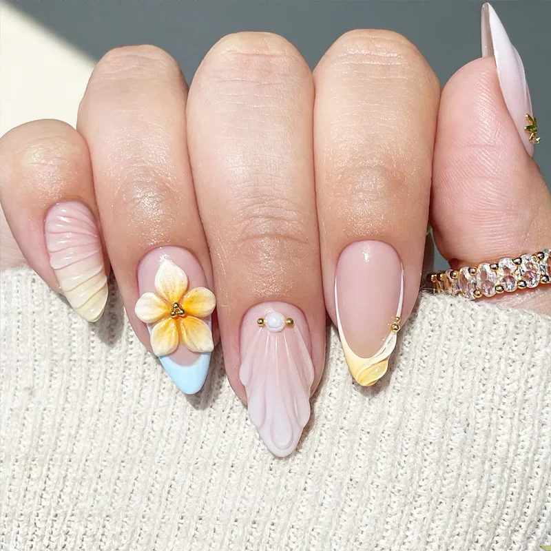 

24PCS Summer Almond False Nail 3D Flower Shell Fresh Design Fake Nail for Women Full Cover Acrylic Wearable French Nail Tips Art