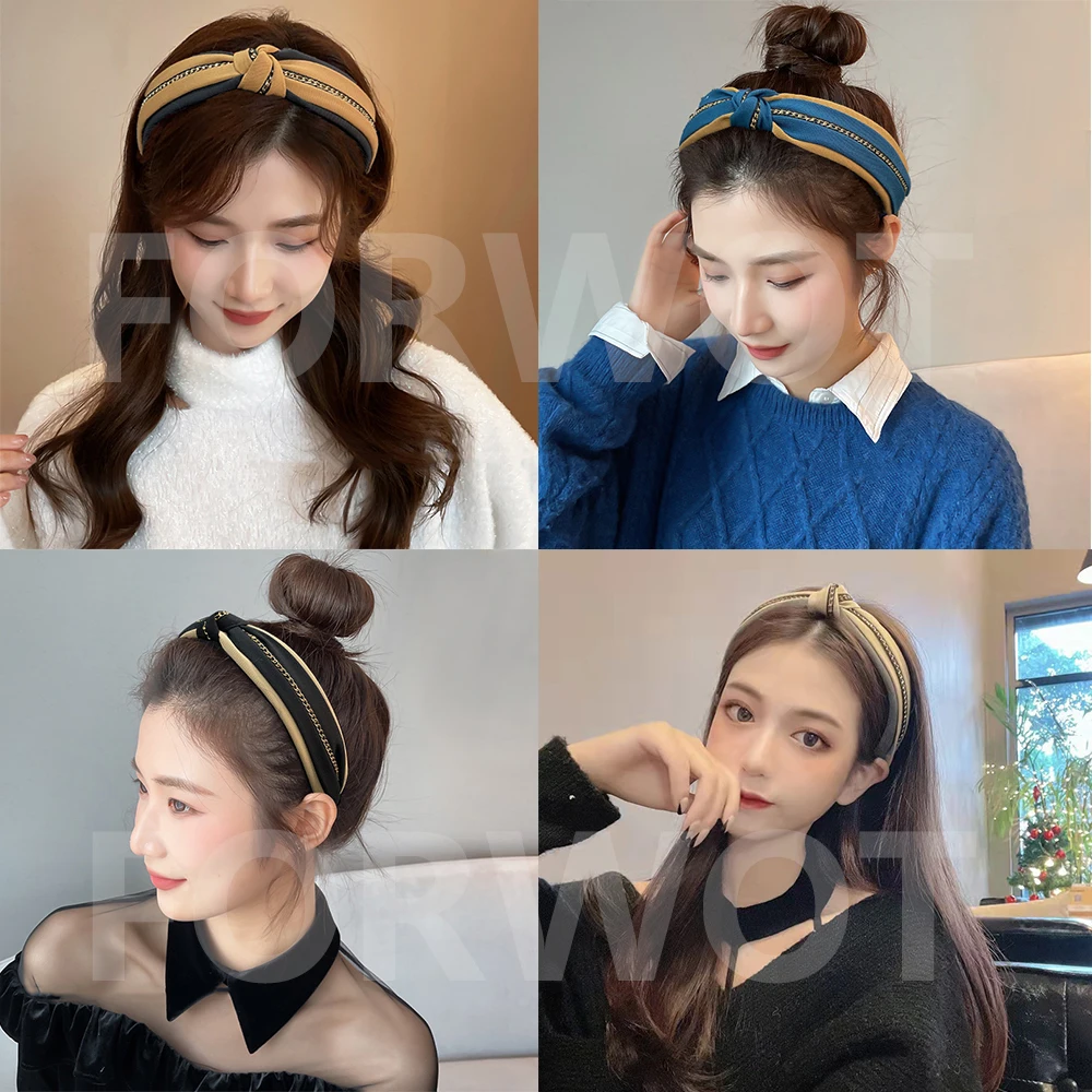 Wide Top Knot Hair Bands For Women Solid Color Chain Bow Elastic Hairband Bezel Girls Headband Hair Hoop Female Hair Accessories