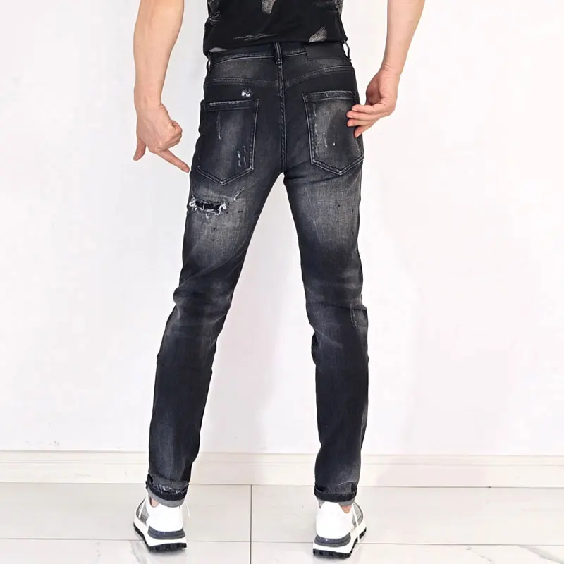 Fashionable new black gray men\'s jeans, high street trendy hip-hop brand, high-quality stretch slim fit jeans, washed with water