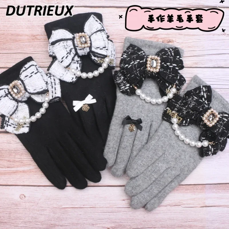 Bow Heavy Industry Beaded Lady Sweet Cute Finger Wool Gloves for Women Thickened Velvet Autumn and Winter 2024 New Fashion