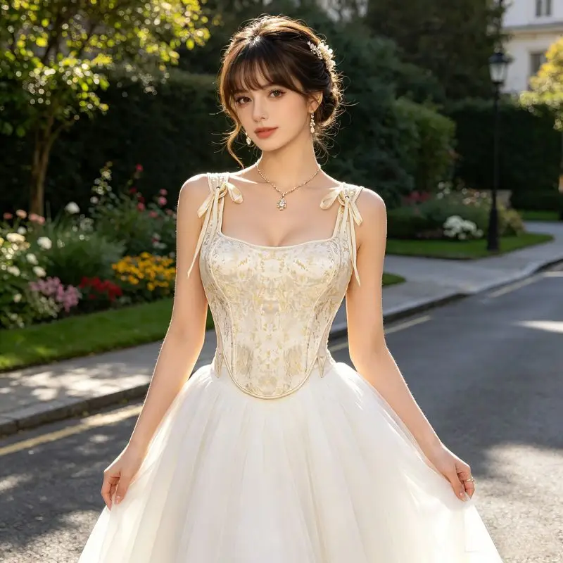 

French champagne gold jacquard, back straps, bow tie waist cincher, plunging bandeau, tight corset