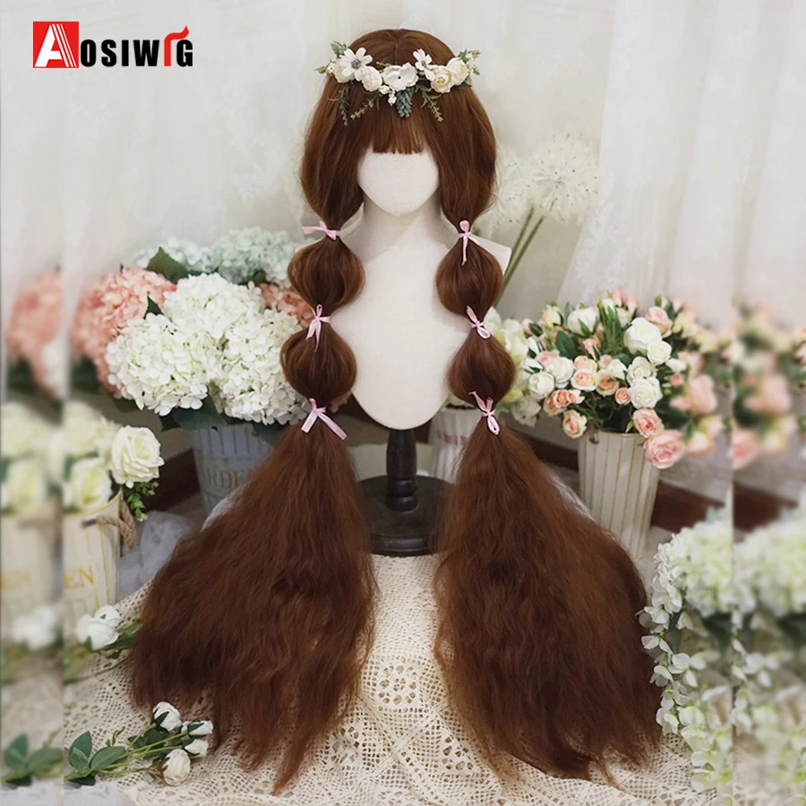 Aosiwig sintético 120cm extra longo ondulado encaracolado lolita menina festa de halloween doce cosplay peruca diária fibra resistente ao calor