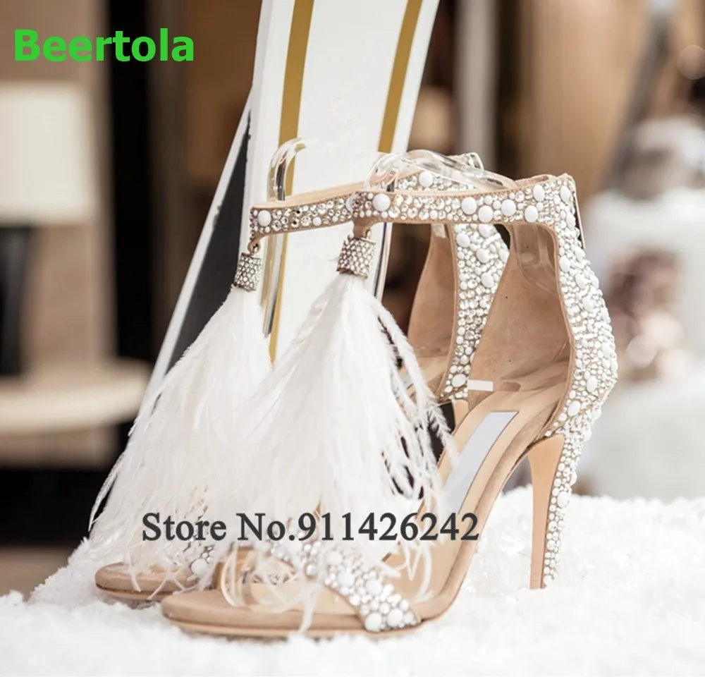 Perlen feder Luxus Design Sandalen für weibliche Frauen dünne High Heel runde Zehen Hochzeit romantische Mode elegante Sommerschuhe