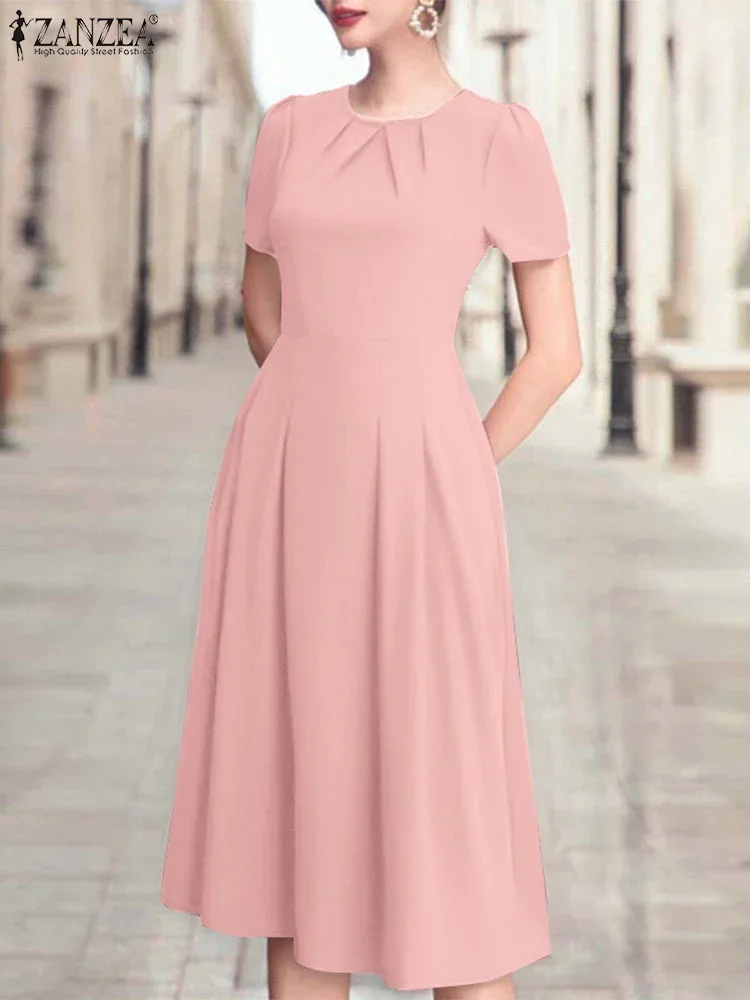 ZANZEA-Vestidos Midi plisados elegantes para mujer, moda 2021, manga corta abombada, cintura ajustada, batas lisas, Vestidos de fiesta acampanados de verano