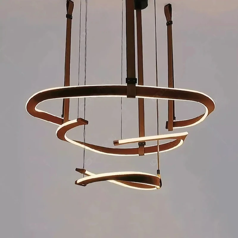 Postmodern Red leather ring Spiral Vortex LED chandelier Ceiling lustre for Kitchen island Bedroom Reception room Dimmable