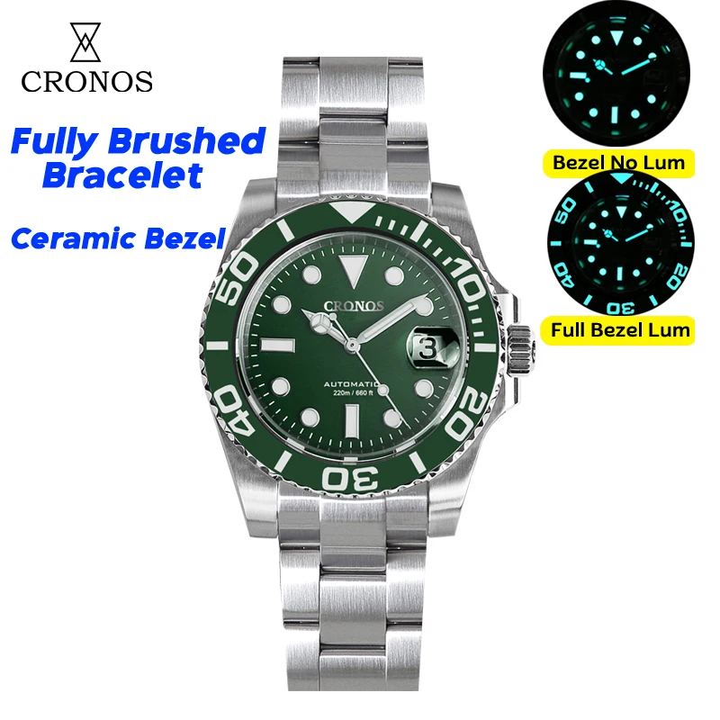 Cronos Sub Diver Men Watch Stainless Steel PT5000 Brushed Bracelet Ceramic Bezel 200 meters Water Resistant L6018