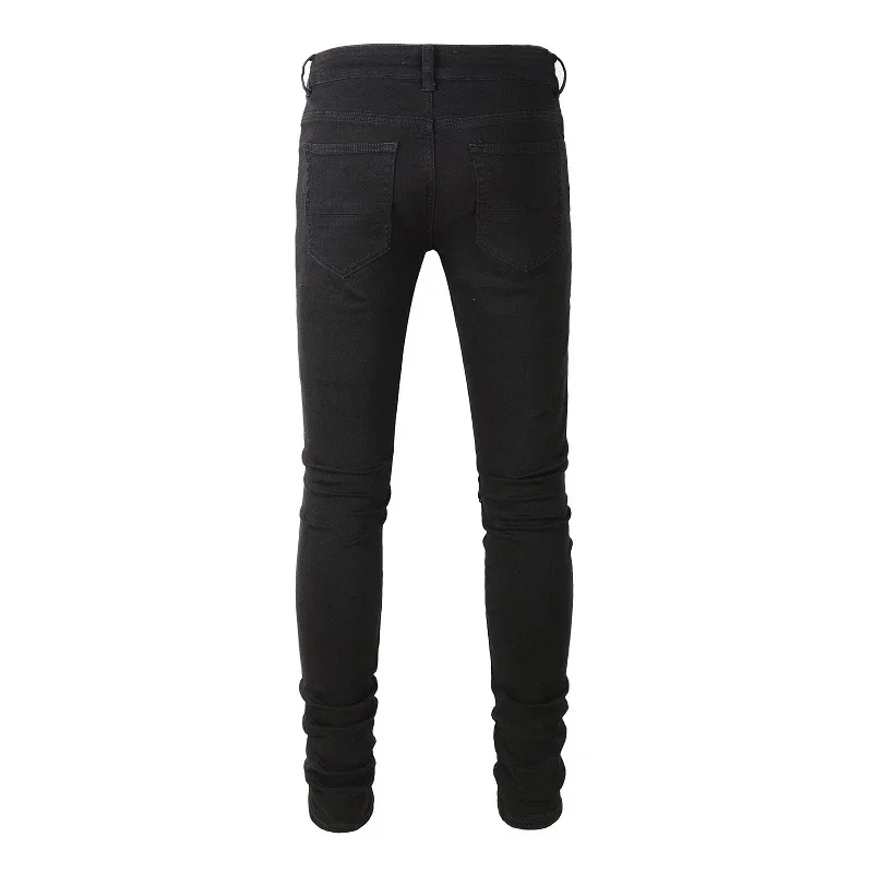 

Men Cracked Silver Leather Patch Biker Jeans Streetwear Skinny Tapered Stretch Denim Pants Holes Ripped Patchwork Black Trousers