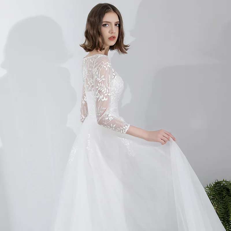 2025 Elegant A-Line Wedding Dress Scoop Long Sleeves Illusion Lace Appliques Tulle Bridal Bride Gowns Vestidos De Noiva