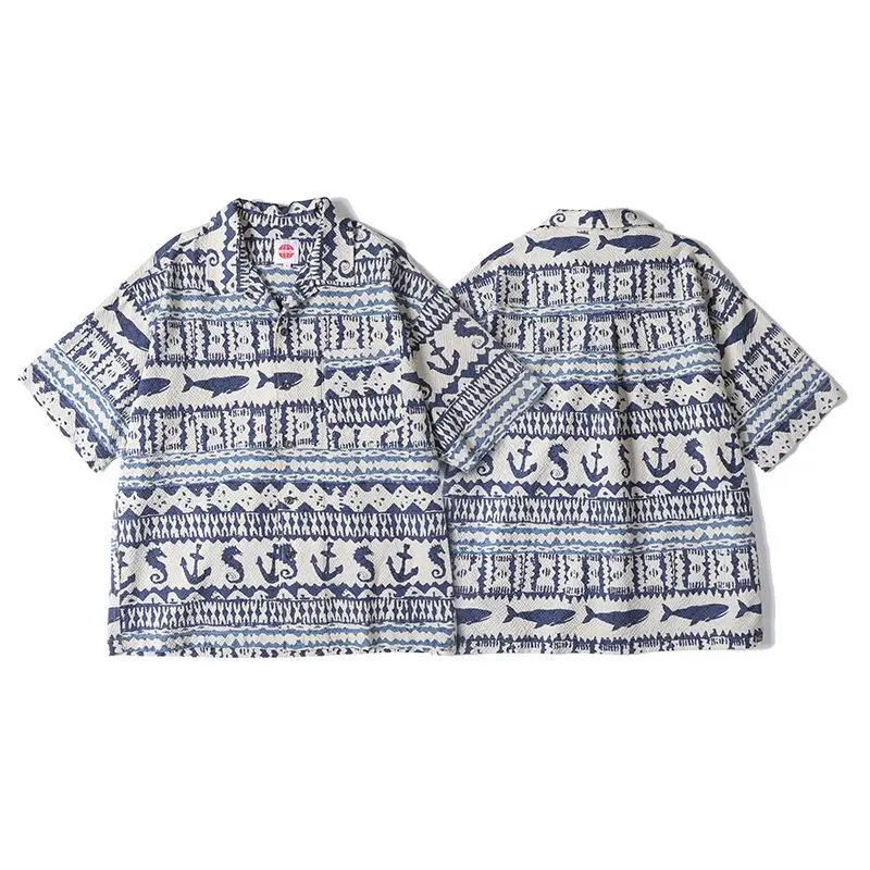 

Summer Seersucker Quick Dry Beach Shirts Men Streetwear Fashion Short Sleeve Loose Casual Vintage Print Shirts Blouses Tops