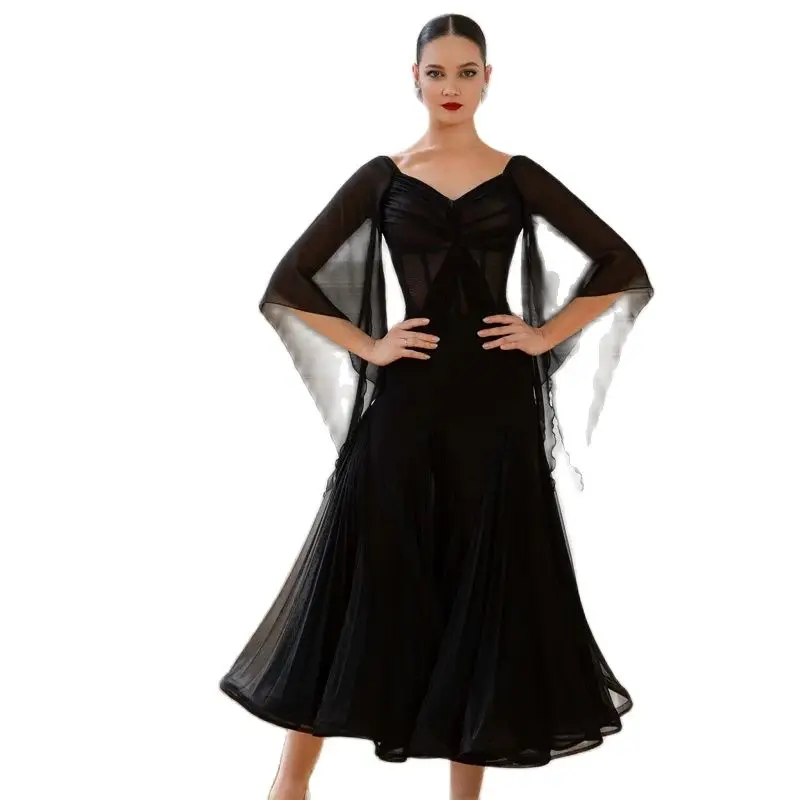 Black Floating Sleeves Latin Top Cake Skirt Female Waltz Ballroom Dance Competition Clothes Adults Stage Performance Dress 10239