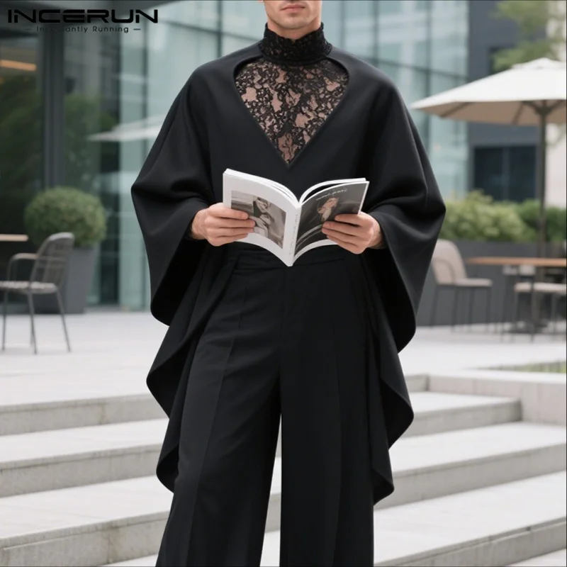 INCERUN Männer Hoodies Mantel Spitze Patchwork Rollkragen Lose Unregelmäßige Sweatshirts Männlichen Cape Streetwear Fashion Männer Ponchos S-5XL