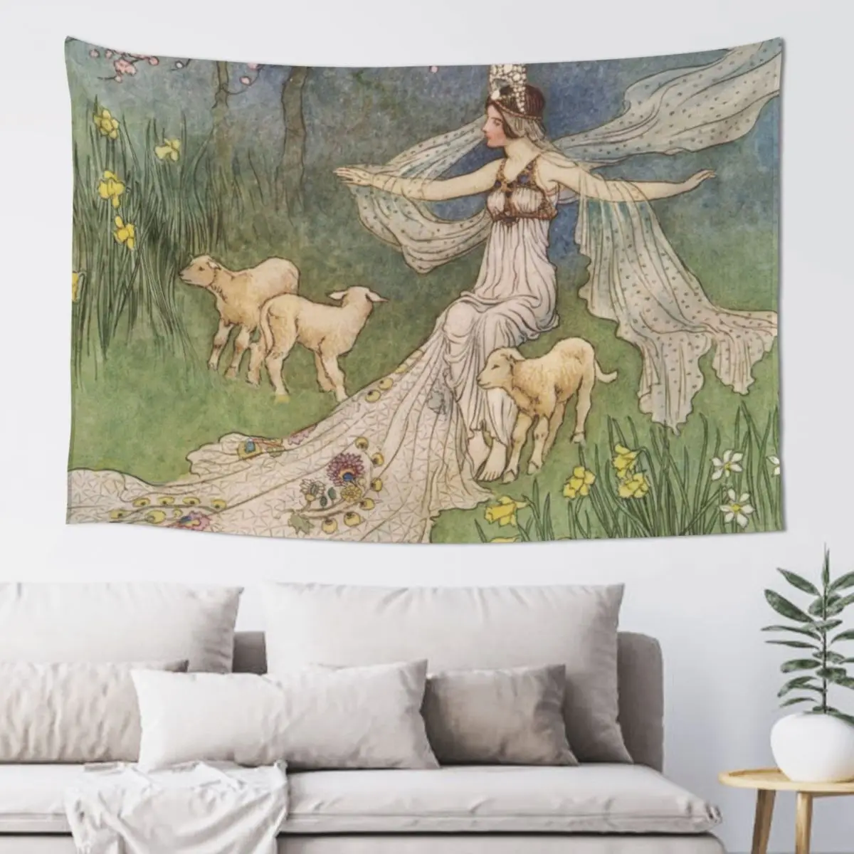 Goddess of Springtime with lambs vintage illustration - Warwick Goble Tapestry Wall Hanging Wall Tapestry