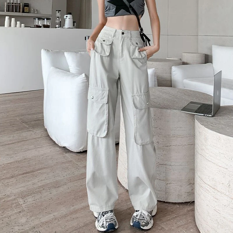 Damskie klasyczne jeansy w kolorze morelowym z prostymi nogawkami, spodnie cargo z wysokim stanem w stylu streetwear dla dziewcząt, modne spodnie dżinsowe w stylu casual dla kobiet.