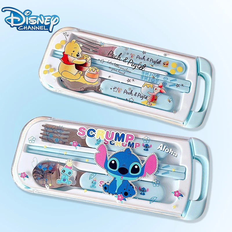 

Disney Stitch Suit Tableware Spoon Fork Cartoon Cute Winnie The Pooh Chopsticks Tableware Stainless Steel Spoon Child Party Gift