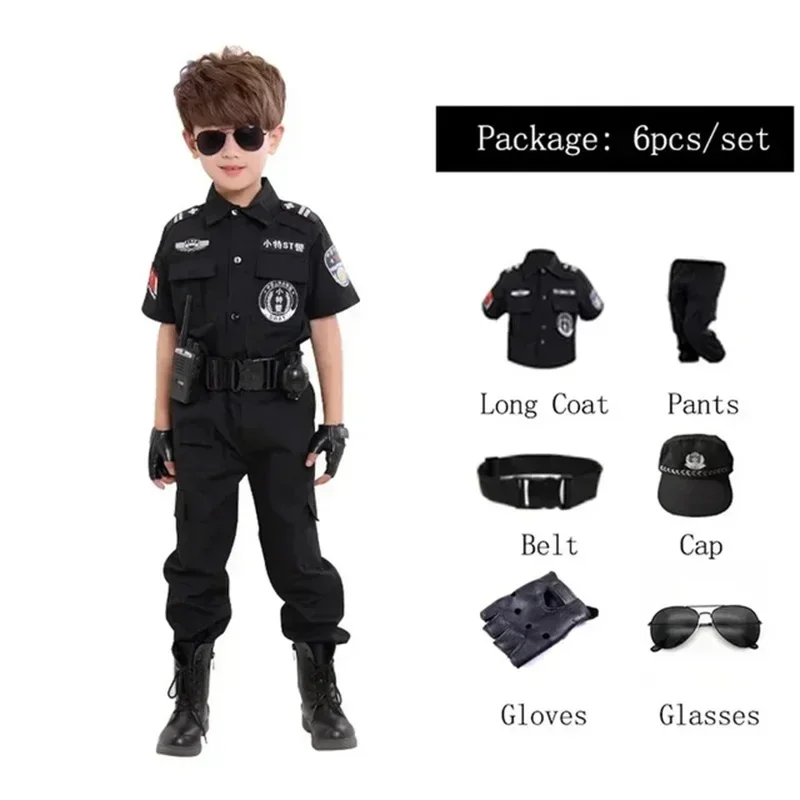 Costumes de policier cosplay pour enfants, fête de Noël, carnaval, uniforme de police, vêtements de policier de l'armée d'Halloween pour garçons, coffret cadeau pour enfants