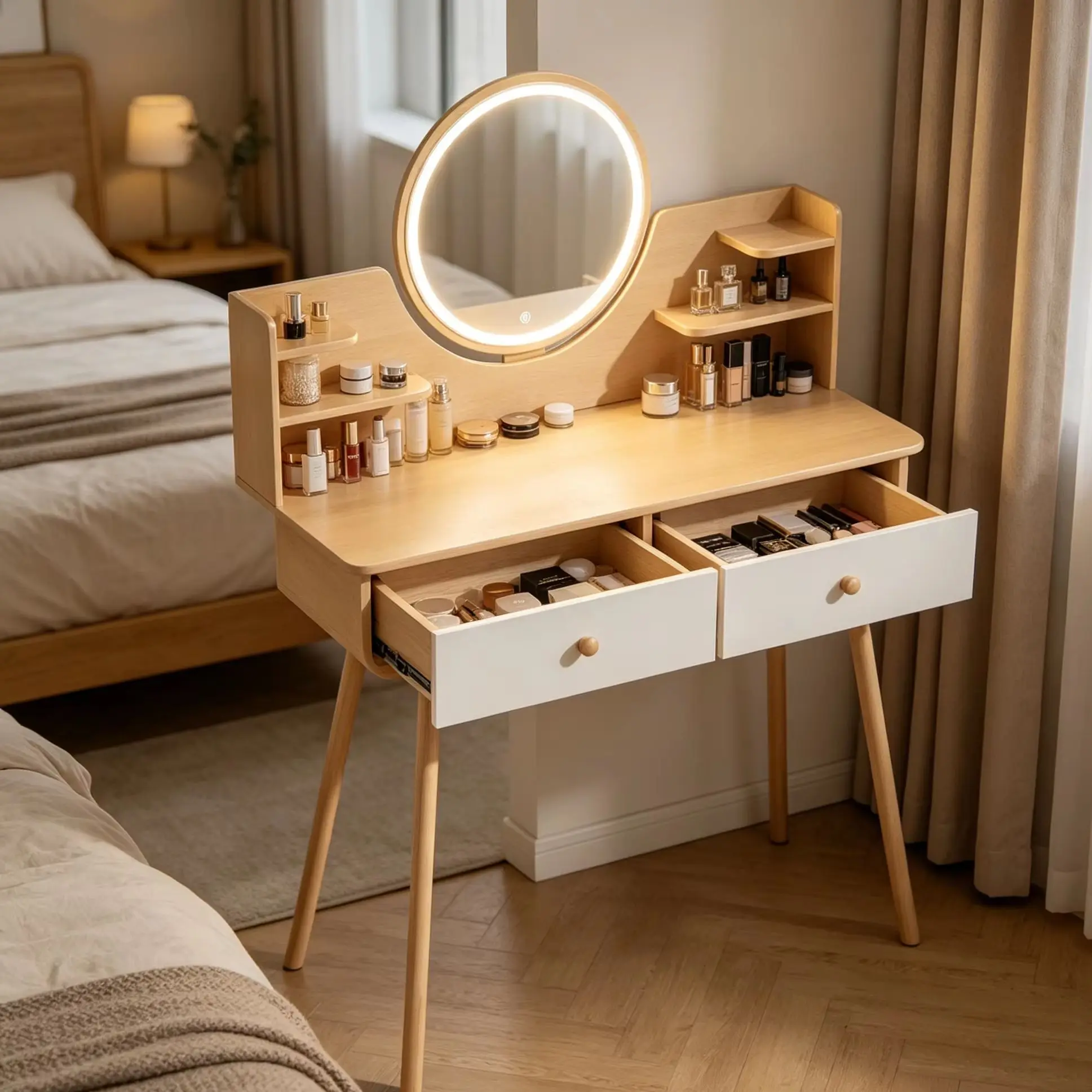 Makeup Vanity Desk With LED Lighted Mirror Vanity Table With 2 Drawers Opening Shelves Bedroom Table 3 Modes Brightness Adjuste