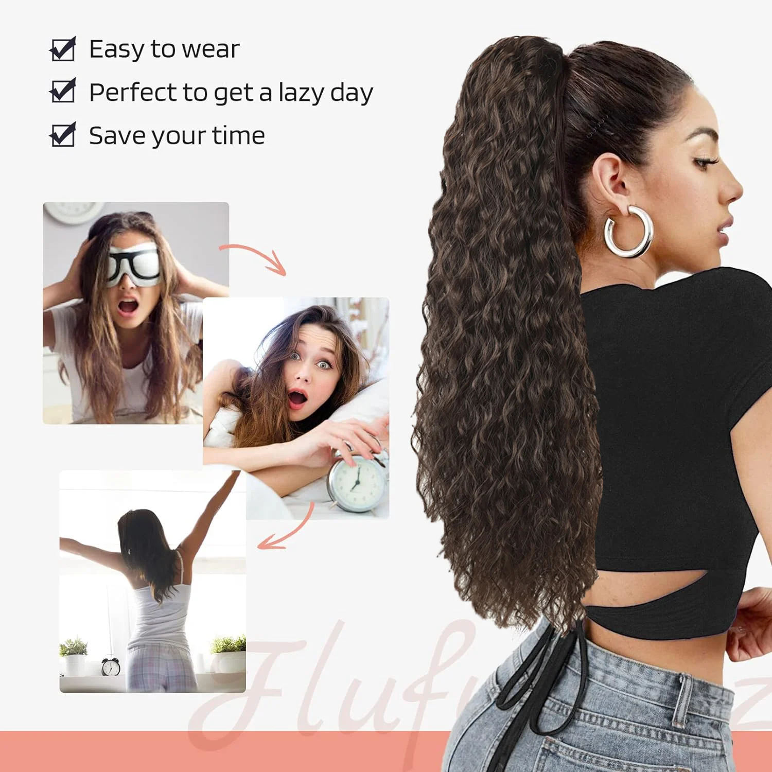 Meepo Synthetic Ponytail Extensions 24inch Natural Wave Drawstring Ponytail Clip in Hair Extensions Brown Fake Hair for Women image 2