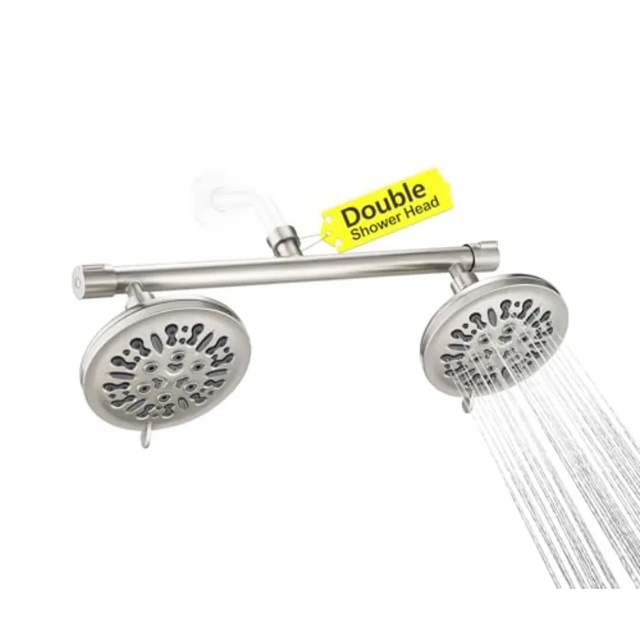 

Double Shower Head with Built-in 2 Shut Off Valve 8 Setting Rain Shower Head Brushed Nickel 16 Wide for Couples Together or Sin
