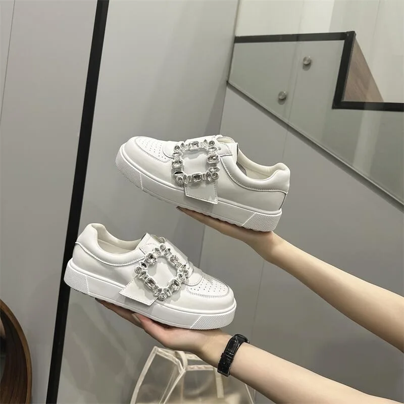 Girls Fashion Casual Flats Round Head Lace-up Sneakers Square Crystal Cover Heel Women Shoes Thick Bottom Zapatos Mujer fashion