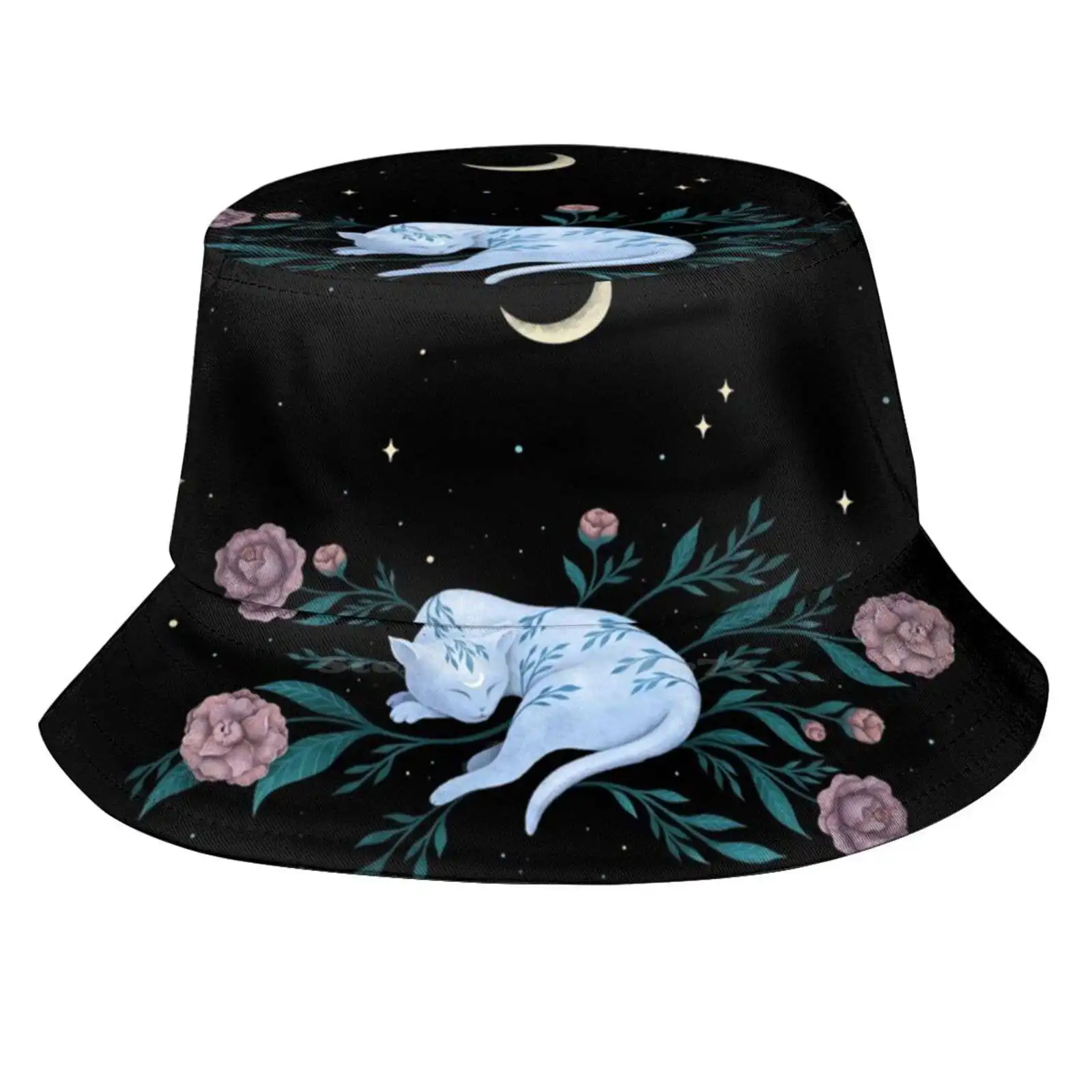 Cat Dreaming Of Moon Sun Cap Fisherman Hat Bucket Hats Moon Light Moonshine Flower White Cat Kitty Kitten Cat Lover Cat Mom Pet