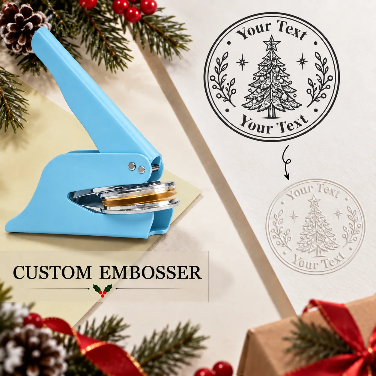 Christmas LOGO Embosser Stamp Personalized Text Book Embosser Private Logo Seal for Xmas Gift Card Envelope Invitation Decor