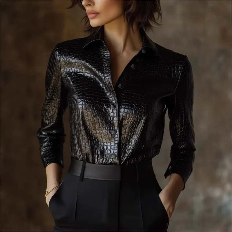 

Women PU Leather Single-Breasted Chic Tops, Autumn Winter Long Sleeve Simple Shirts, Turn-Down Collar Patchwork Ladies Blouses