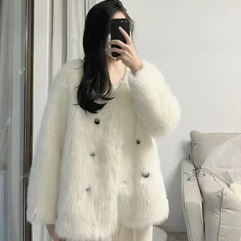 

Women Mink Fur Coat V-neck Autumn Winter Imitation Fur Jacket Fur Eco-friendly Chic Warm Trench Coat overcoat