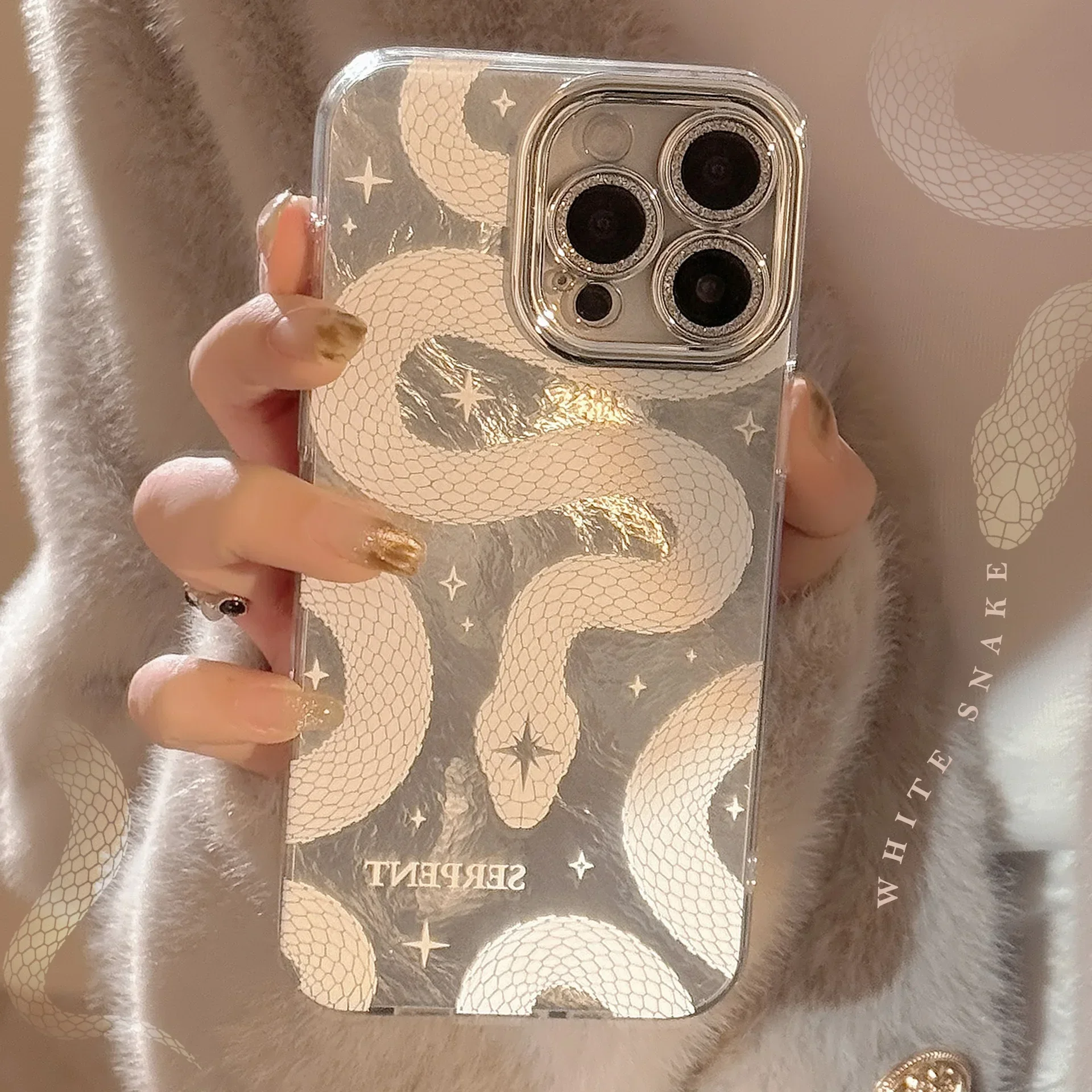 Jungle White python snake pattern Silver glitter Plating Phone case For iPhone 16 15 14 13 12 11 Pro Max Case Cute Luxury Cover